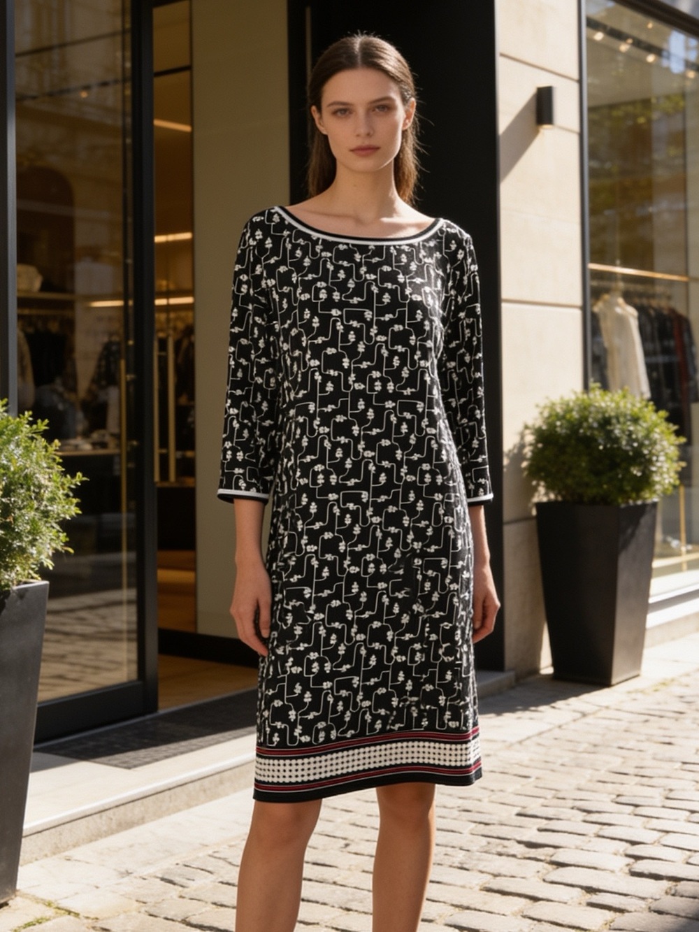 Max Edition Black White Floral Print Midi Dress Long Sleeve L